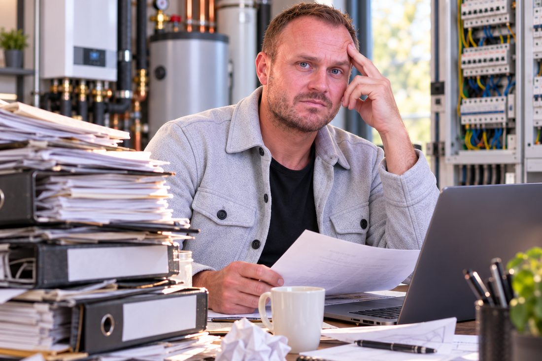 Manuel Kloiber zwischen Papierstapeln am Schreibtisch