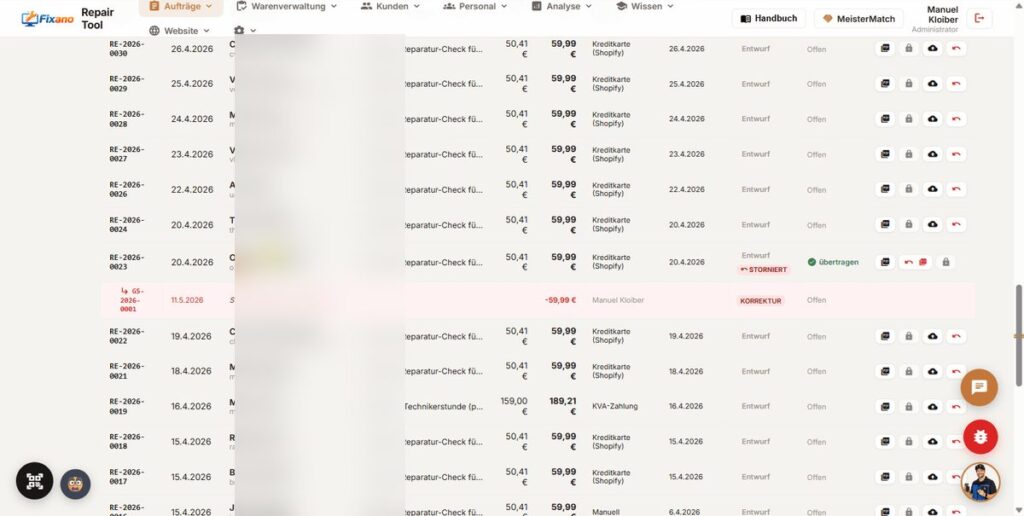 Fixano Rechnungsübersicht — Werkstatt-Software Dashboard