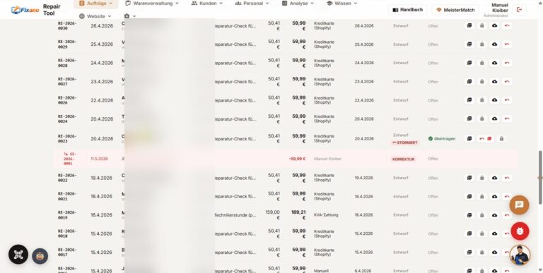 Fixano Rechnungsübersicht — Werkstatt-Software Dashboard