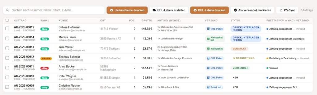RD WaWi Auftragsliste mit Marktplatz-Kanälen und DHL-Batch-Versand