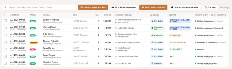 RD WaWi Auftragsliste mit Marktplatz-Kanälen und DHL-Batch-Versand